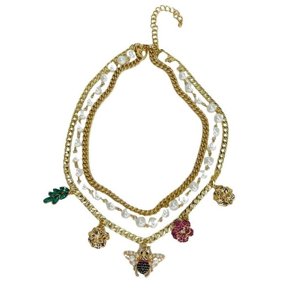 Thalia Sodi Gold Tone Crystal & Imitation Pearl Charm Layer Necklace 16”+3” - Picture 3 of 8